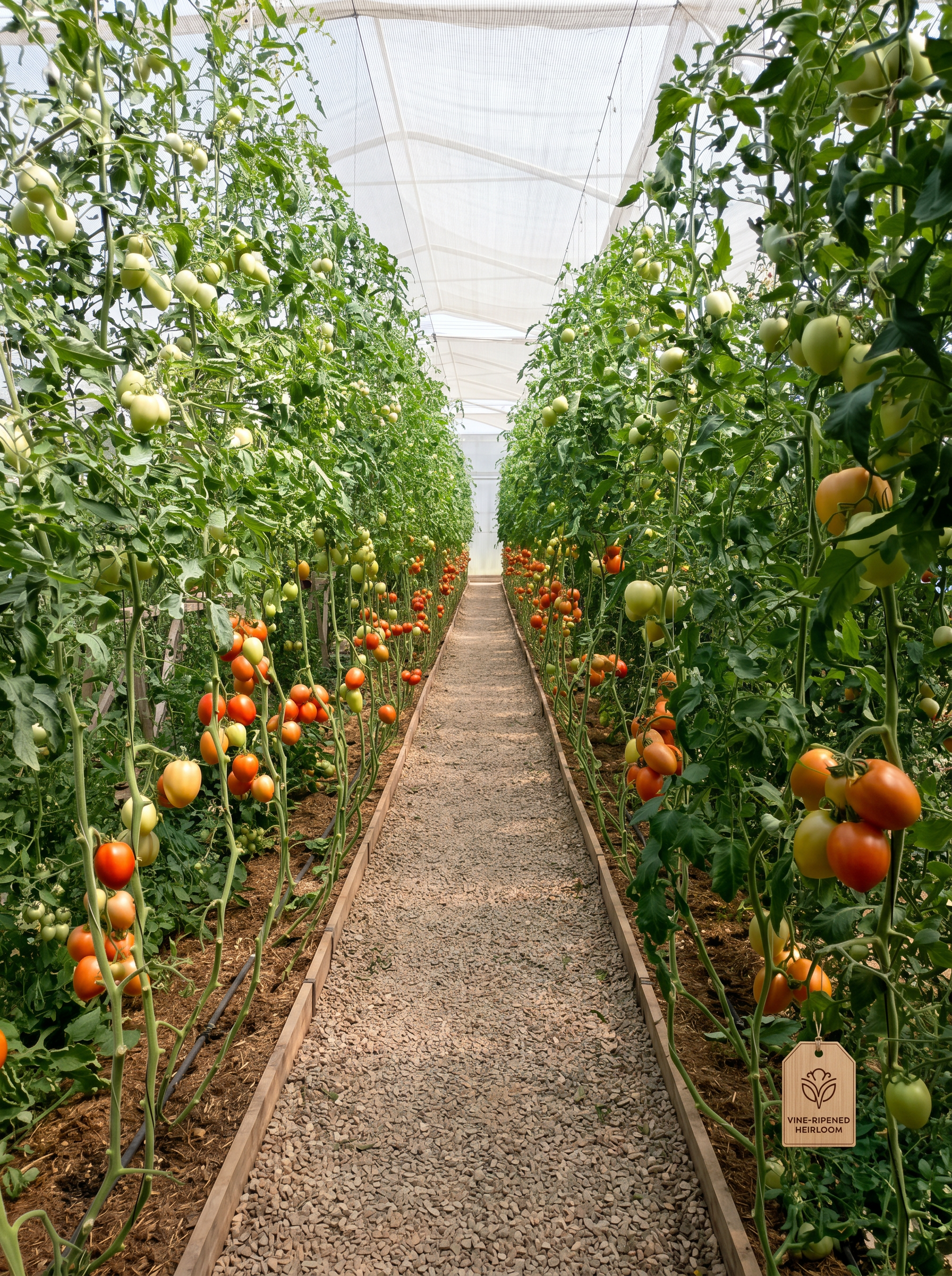 Rows of ripening tomatoes inside the greenhouse